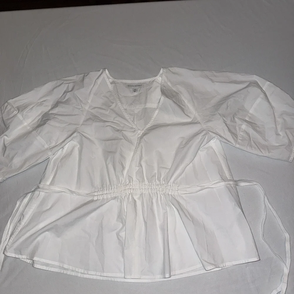 Banana Republic White Cotton Poplin Tie Back Puff Sleeve Peplum Top XS